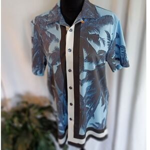 Tallia Sport Mens Blue Black Palm Tree Tropical Short Sleeve Button Down Shirt M
